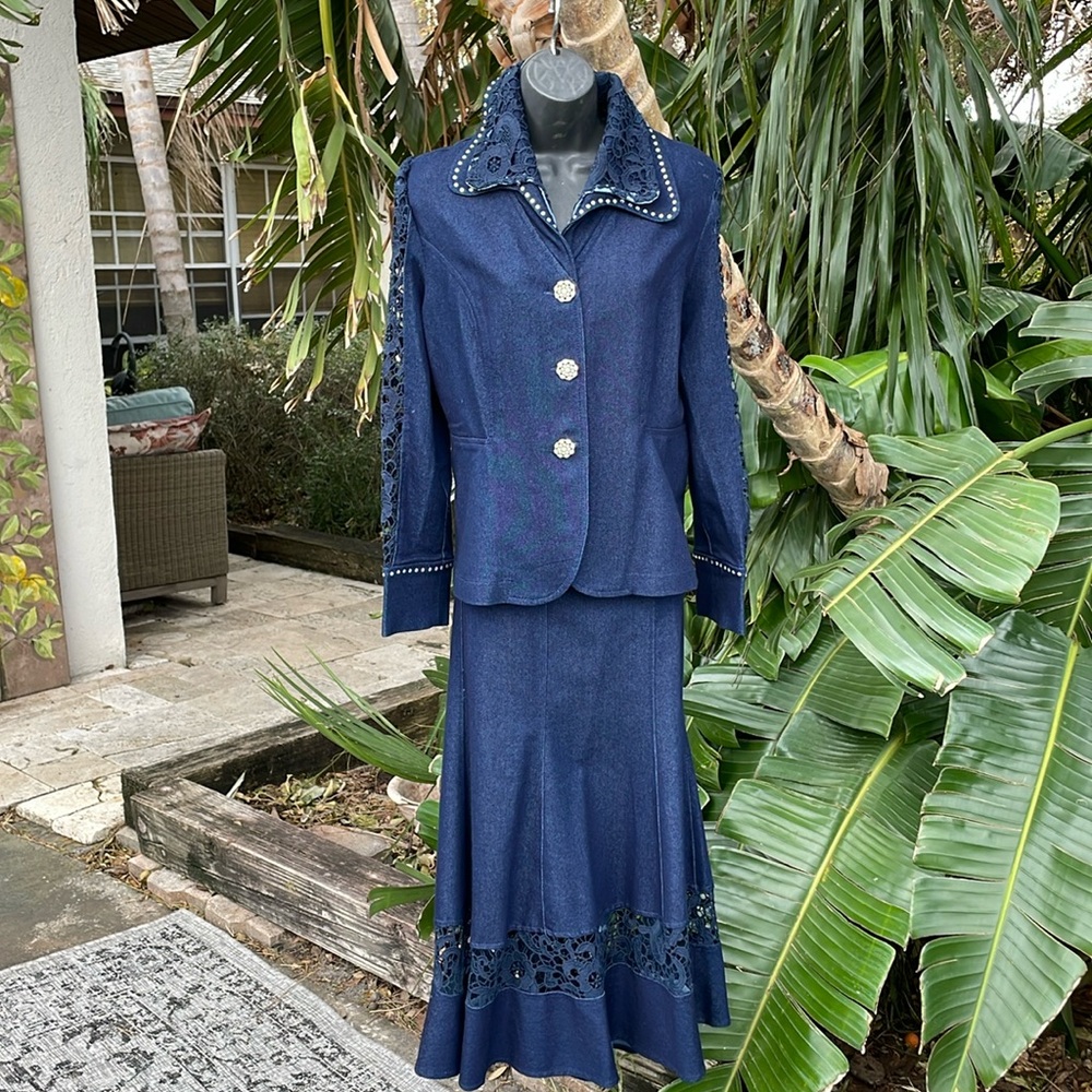 Dark wash denim and beaded crochet lace suit with trumpet skirt